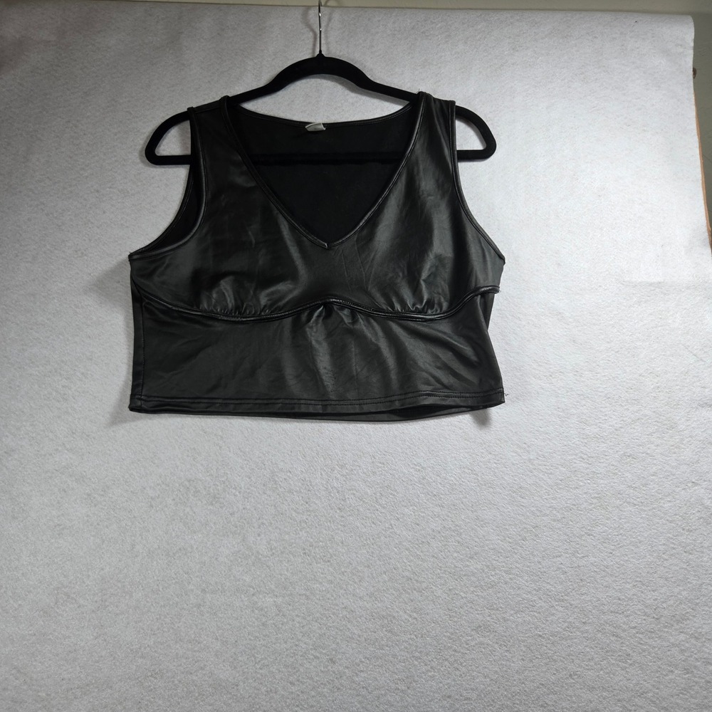 Faux Leather V-Neck Crop Tank Top Size XL Black Edgy Streetwear